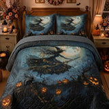 Flying Witch Moonlit Pumpkin Halloween Quilted 3‑Piece Bedding Set