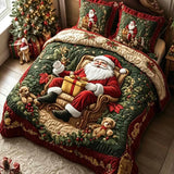Christmas Santa Claus Gift Teddy Bear Patchwork Quilted 3-Piece Bedding Set