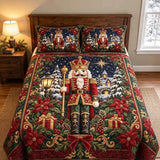 Christmas Nutcracker Poinsettia Winter Village Quilted 3-Piece Bedding Set