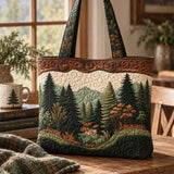 Vintage Mountain Cabin Forest Pine Tree Patchwork Quilted Tote Bag