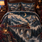 Fantasy Steam Train Viaduct Snow Mountain Castle Moon Starry Night Quilted 3‑Piece Bedding Set