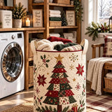 Winter Cabin Christmas Tree Quilted Laundry Basket