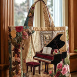 Vintage Grand Piano Floral Patchwork Quilted Tote Bag