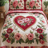 Rose And Heart Valentine's Day 3- Piece Quilted Bedding Set