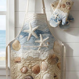Seashells On The Beach Quilted Apron Set (2-Piece) – Padded Apron + Heat-Resistant Oven Mitts
