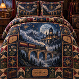 Vintage Magic Steam Train Viaduct Enchanted Castle Desert Canyon Raven Compass Moon Phase Patchwork Quilted 3‑Piece Bedding Set