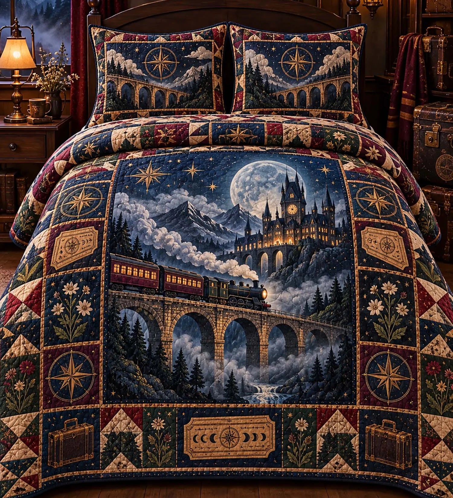 Vintage Magic Steam Train Viaduct Enchanted Castle Desert Canyon Raven Compass Moon Phase Patchwork Quilted 3‑Piece Bedding Set