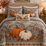 Dusty Blue Fall Pumpkin Berry Maple Leaf Patchwork Quilted 3-Piece Bedding Set