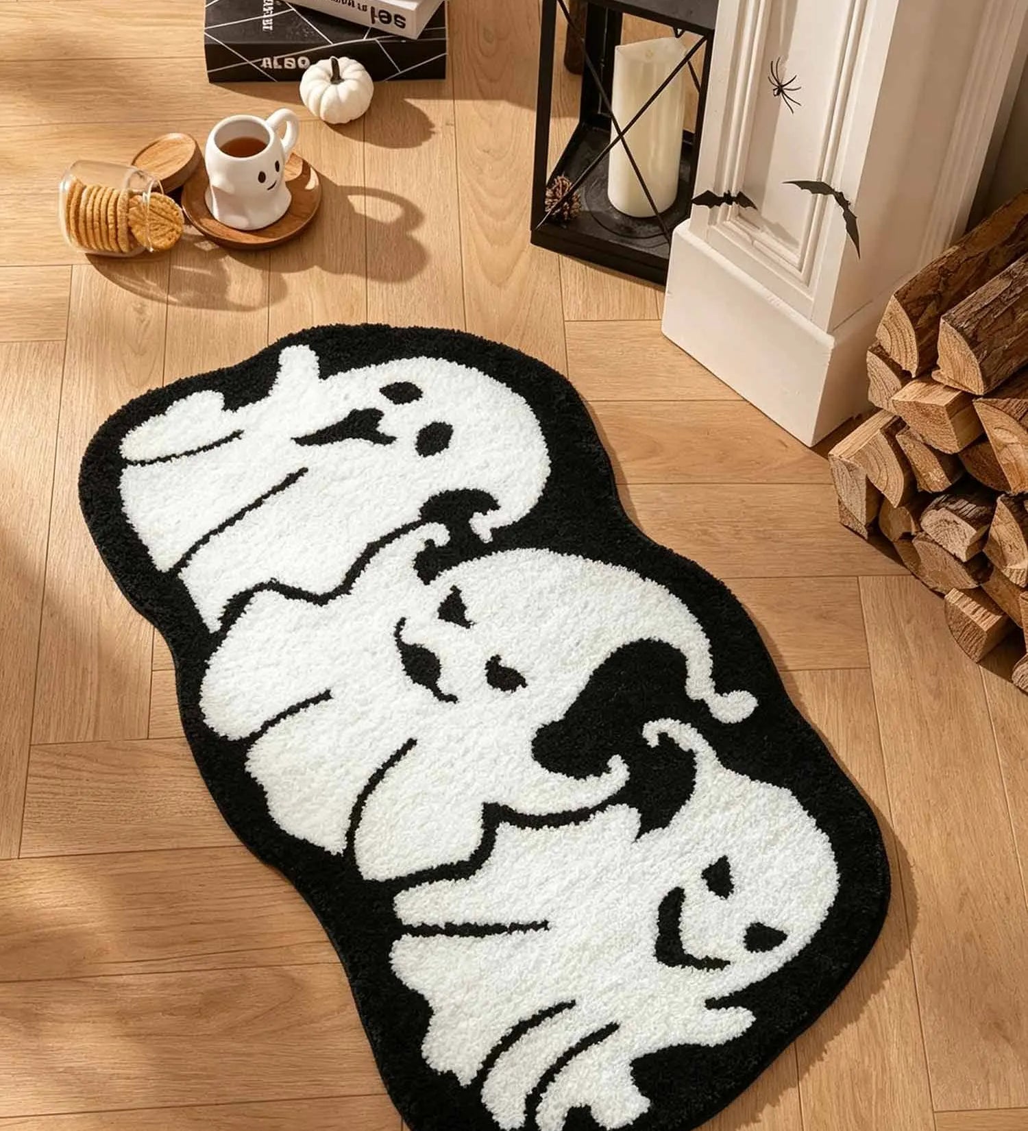 Halloween Ghost Bat Black Cat Pumpkin Shaped Plush Area Rug