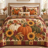 Fall Harvest Pumpkin Sunflower Maple Leaf Patchwork Quilted 3‑Piece Bedding Set
