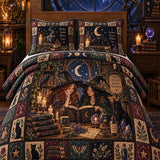 Halloween Same Witches Brighter Tomorrows Reading Witch Black Cat 3-Piece Quilted Bedding Set