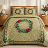 Poinsettia Christmas Wreath Quilted 3-Piece Bedding Set