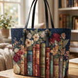 Flower And Book Quilted Large Leather Strap Tote Bag