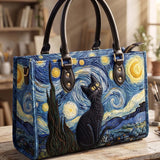 Starry Night And Cat Quilted Leather Strap Bible Handbag