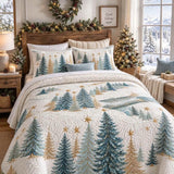 Christmas Blue Gold Pine Tree Forest Quilted 3-Piece Bedding Set