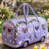 Lavender Heart-Shaped Volkswagen Bus Quilted Travel Bag