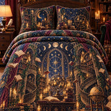 Witchy Celestial Magic Library Moon Phase Star Constellation Quilted 3‑Piece Bedding Set