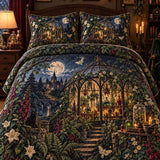 Victorian Gothic Glass Conservatory Black Cat Castle Moon Phase Botanical Patchwork Quilted 3‑Piece Bedding Set