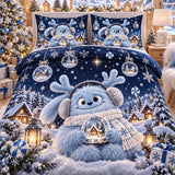 Whimsical Winter Blue Fluffy Yeti Snow Globe Cabin Quilted 3-Piece Bedding Set