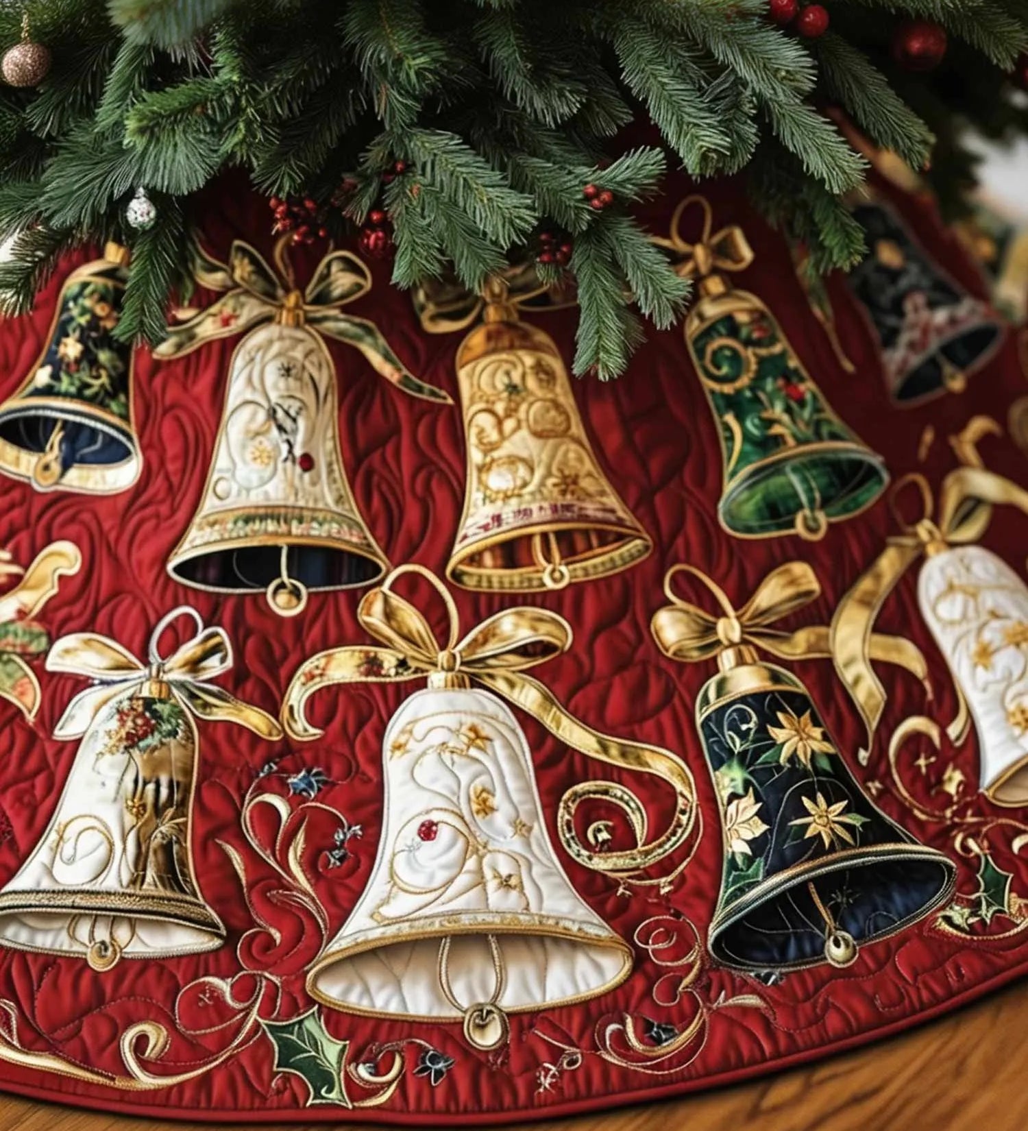 Vintage Christmas Bells Quilted Tree Skirt