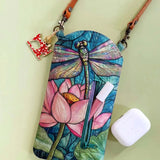 Stained Glass Lotus Dragonfly Quilted Slim Phone Crossbody Bag