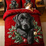 Christmas Black Labrador Holly Plaid Patchwork Quilted 3-Piece Bedding Set