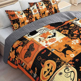 Halloween Patchwork Black Cat Pumpkin Bat Quilted 3‑Piece Bedding Set