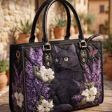 Black Cat And Flower Quilted Leather Strap Bible Handbag