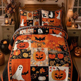 Plaid Pumpkin Ghost Black Cat Halloween Patchwork Quilted 3‑Piece Bedding Set