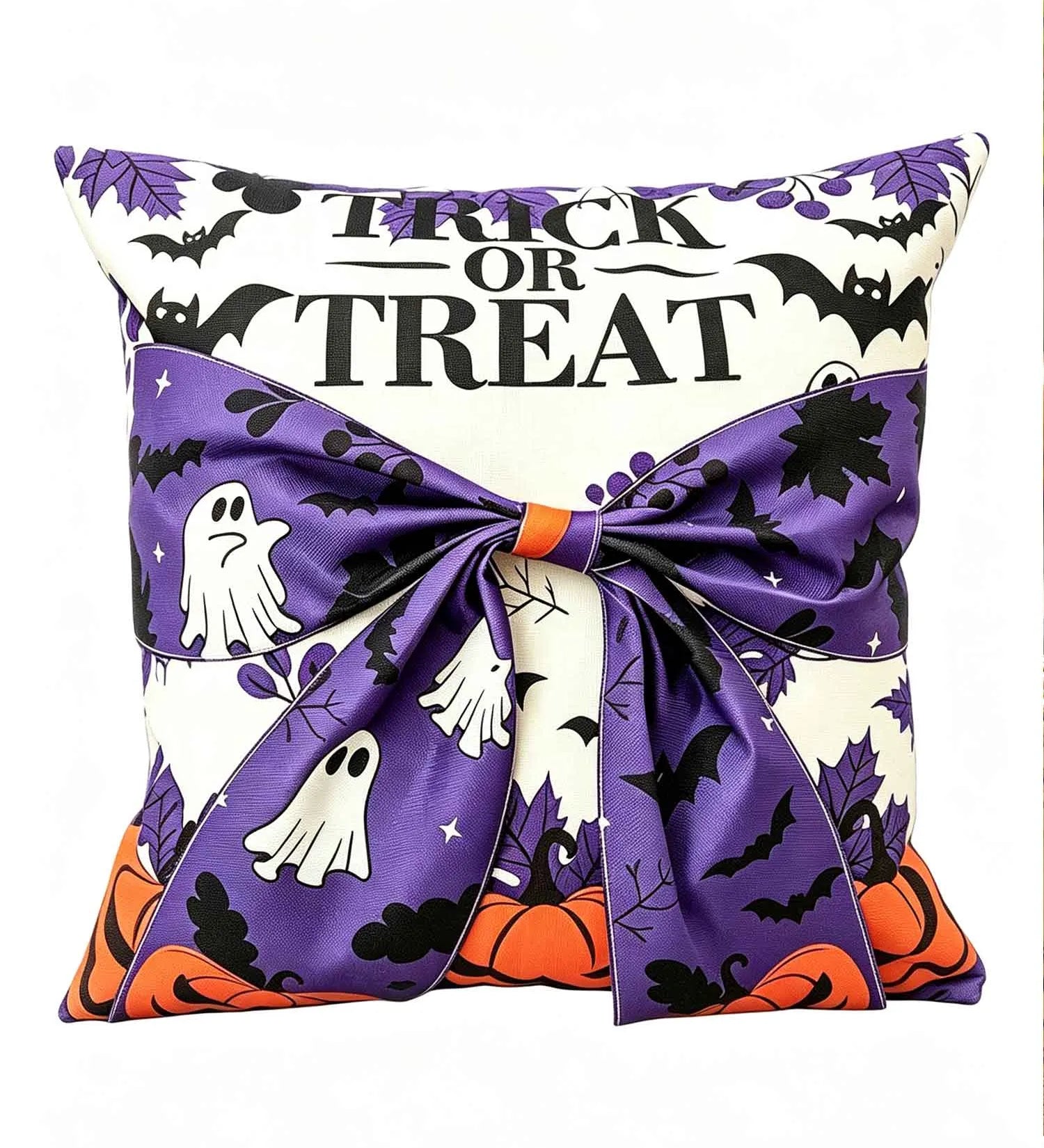 Halloween Ghost Bat Pumpkin Decorative Bow Throw Pillow Cover