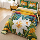 Tropical Plumeria Floral Patchwork Quilted 3‑Piece Bedding Set
