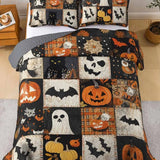 Vintage Distressed Halloween Patchwork Pumpkin Ghost Quilted 3‑Piece Bedding Set