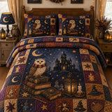 Starry Sky Owl Magic Book Castle Quilted 3‑Piece Bedding Set
