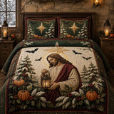 Jesus Holding Lantern Bat Pine Pumpkin Quilted 3‑Piece Bedding Set
