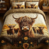 Vintage Highland Cow Sunflower Prairie Quilted 3-Piece Bedding Set