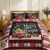 Vintage Red Truck Merry And Bright Christmas Quilted 3-Piece Bedding Set
