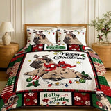 Merry Christmas Pug Reindeer Antlers Holly Jolly Patchwork Quilted 3‑Piece Bedding Set