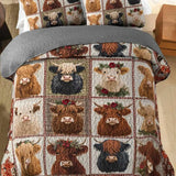 Highland Cow Patchwork Quilted 3‑Piece Bedding Set