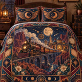 Vintage Magic Steam Train Viaduct Enchanted Castle Desert Canyon Raven Compass Moon Phase Patchwork Quilted 3‑Piece Bedding Set