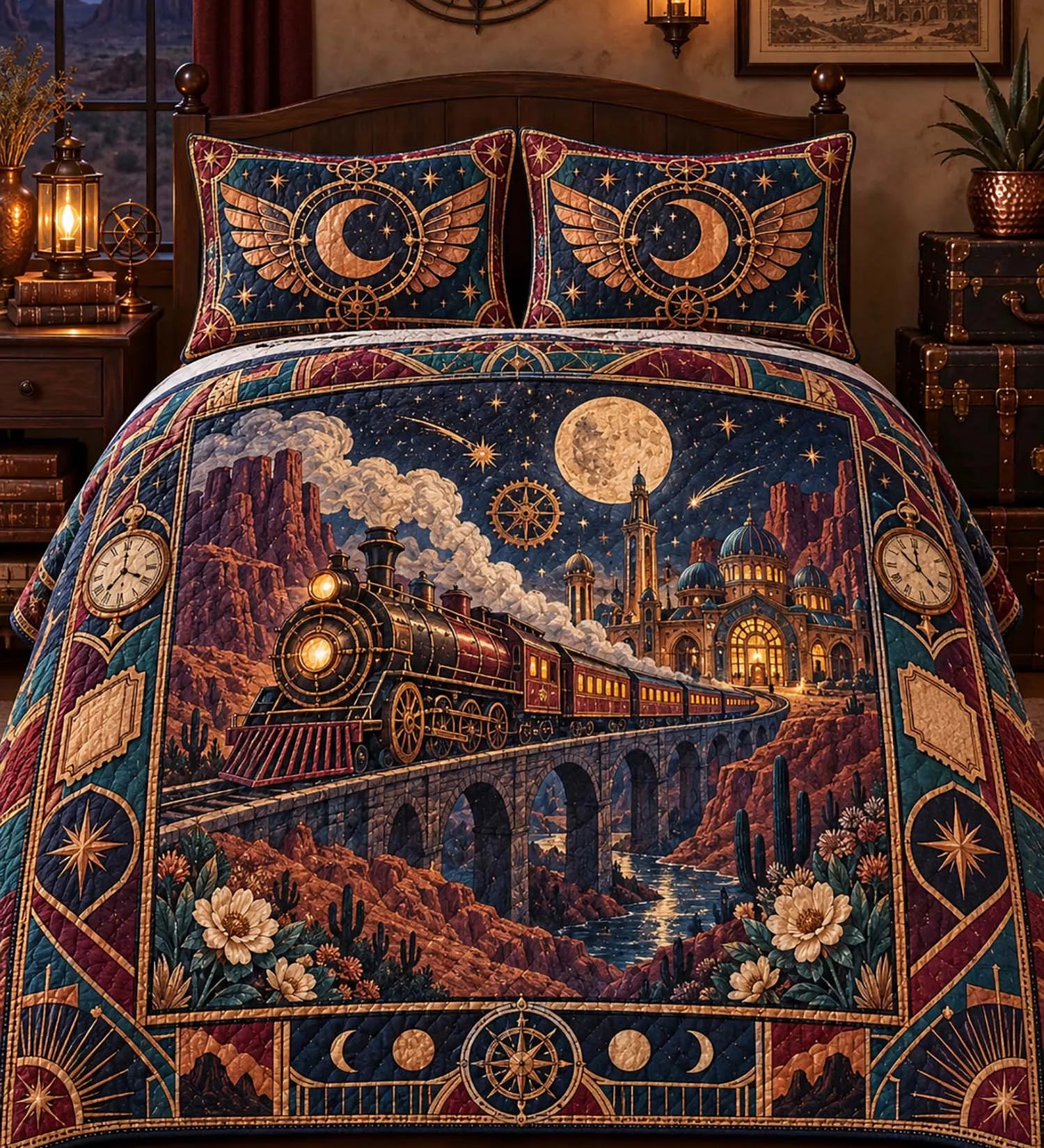 Vintage Magic Steam Train Viaduct Enchanted Castle Desert Canyon Raven Compass Moon Phase Patchwork Quilted 3‑Piece Bedding Set