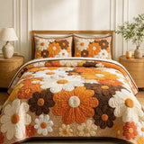 Vintage 70s Daisy Floral Earth Tones Warm Beige Quilted 3‑Piece Bedding Set