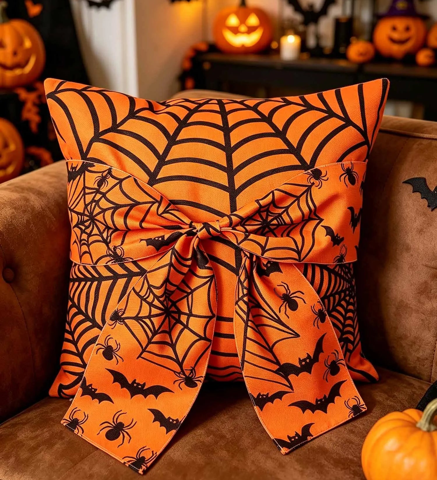 Halloween Spider Web Bow Pillow Cover