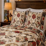 Skull Red Rose Vintage Floral Halloween Quilted 3‑Piece Bedding Set