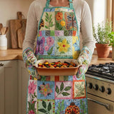 Plants And Insects Quilted Apron Set (2-Piece) – Padded Apron + Heat-Resistant Oven Mitts