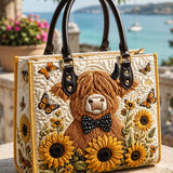 Butterfly Bow Highland Cow Quilted Leather Strap Bible Handbag