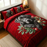 Christmas Black Labrador Holly Plaid Patchwork Quilted 3-Piece Bedding Set