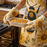 Bees And Sunflowers Quilted Apron Set (2-Piece) – Padded Apron + Heat-Resistant Oven Mitts