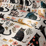 Colorful Cat Floral Patchwork Quilted 3‑Piece Bedding Set