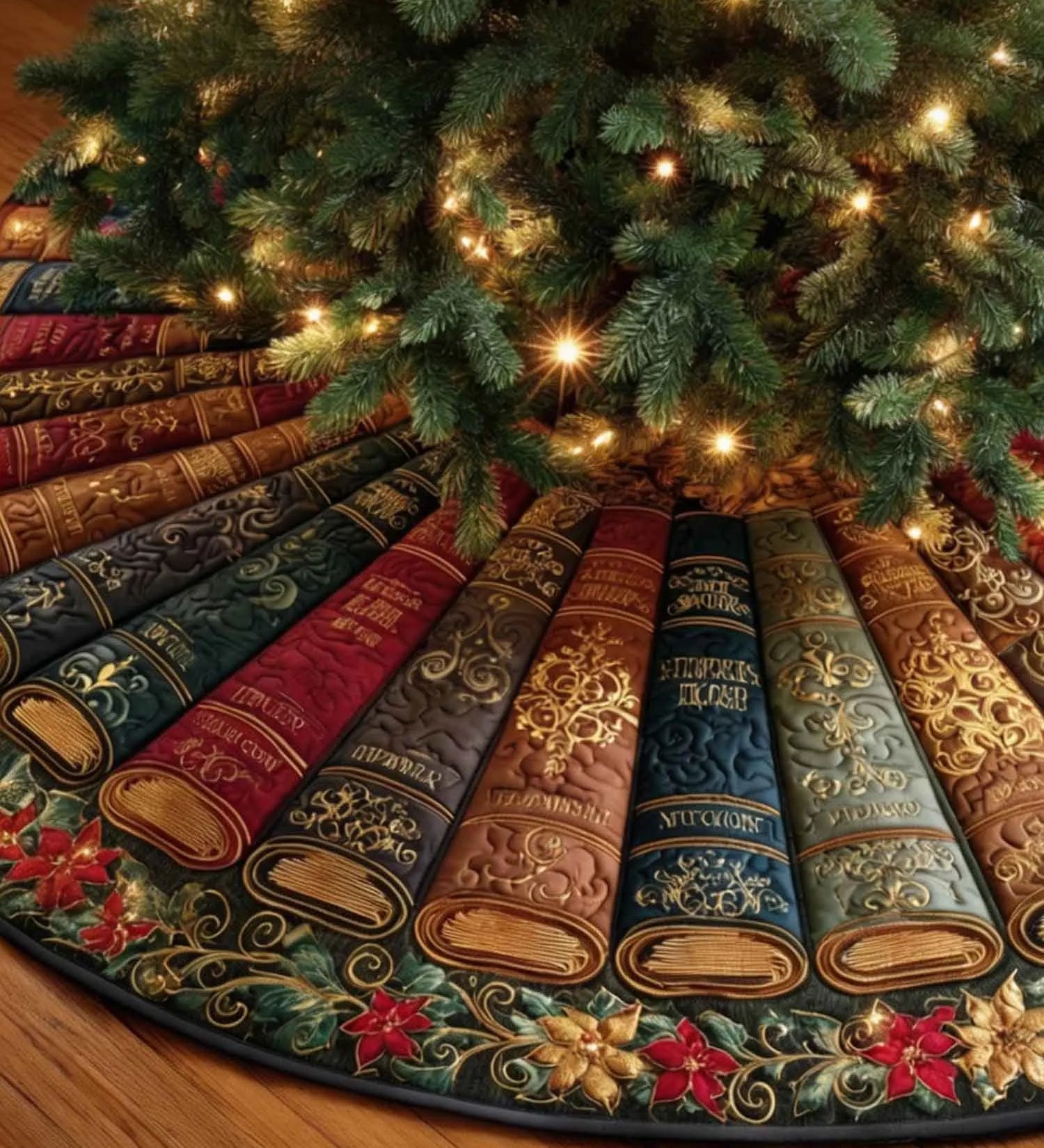 Vintage Library Christmas Quilted Tree Skirt