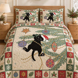 Festive Black Cat Christmas Quilted 3-Piece Bedding Set